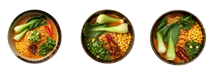 Isolated Ramen Bowl with Vegetables and Chili in Red Broth – Top View PNG
