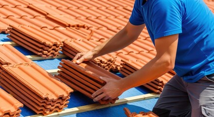 Caucasian man, a roofer, installing terracotta roof tiles. Construction site for building maintenance or home improvement concept.
