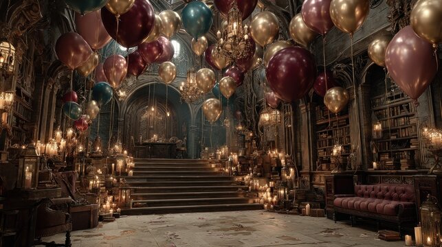 Majestic library adorned with balloons and flickering candles for an event