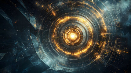 A swirling, concentric, futuristic design with warm golden rings, set against a dark,  technological background.  Layered circles with glowing center