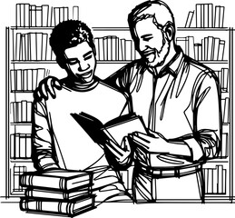 Older man and teenage boy reading together in library setting  