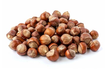 Fototapeta premium Close up of hazelnuts forming a pile isolated on white background