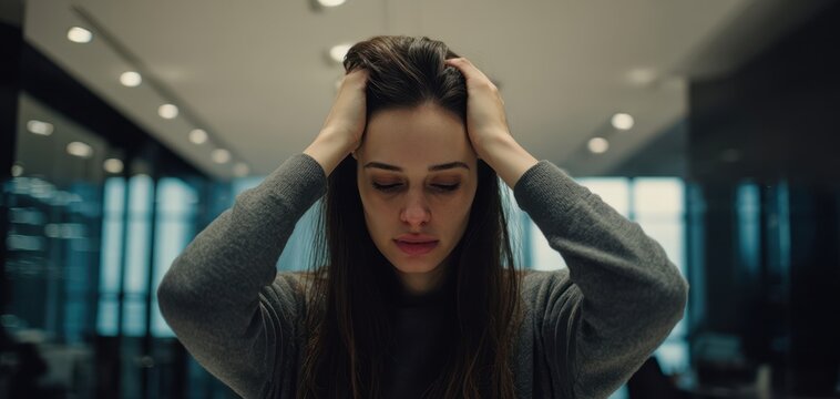 The woman struggling with stress in a modern office setting.