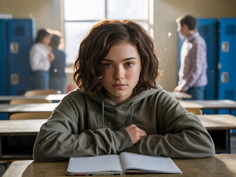 Teenage girl sitting alone at school desk, blurred background with two students whispering and looking at her, shallow depth of field, soft classroom lighting, emotional bullying scene.