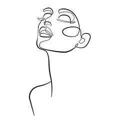 Female Face Portrait Continuous One Line Drawing. Woman Abstraction Head Doodle Hand Drawn Vector Illustration. Woman Silhouette Line Art Creative Graphic Design Minimalist Style.
