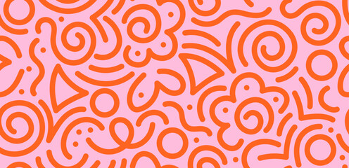 Memphis Colorful Seamless Pattern Hand Drawn. Geometric Retro Print Design. Memphis style Background with Hand Drawn Linear Shapes. Abstract Seamless Texture for Fabric, Textile, Print.