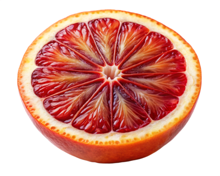 Vibrant cross section of a ripe blood orange showcasing its deep red pulp against a dark background