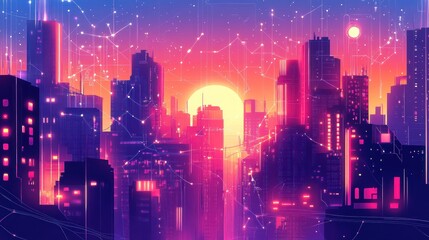 Neon cityscape sunset, digital network, futuristic city, background technology, website banner