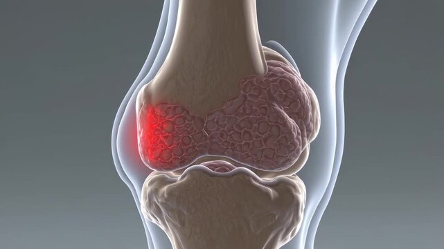 Realistic 3D visualization of human knee joint anatomy with detailed anatomy, transparent bone tissues to illustrate problems associated with joint damage, painful areas highlighted in red