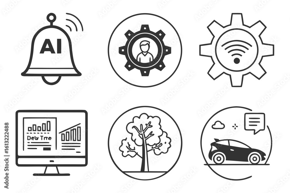 Poster black line ai interface icons – minimal tech vector illustration set