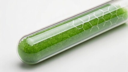 A test tube filled with green sand-like material, featuring a hexagonal pattern on its surface, suggesting a scientific or laboratory context.