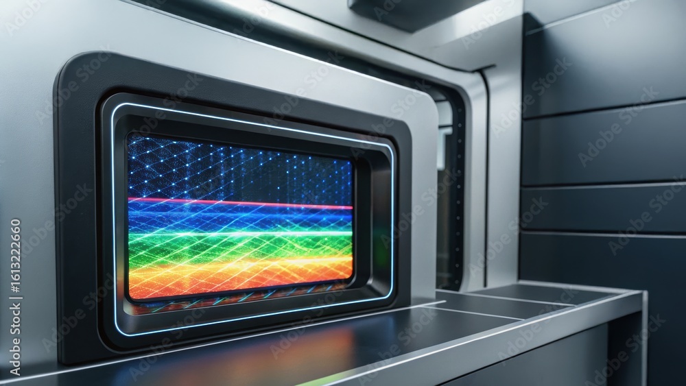 Poster a futuristic view of a sleek, metallic interior with a glowing screen displaying colorful wave patte