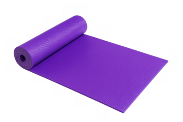 Purple yoga mat partially rolled up, isolated on transparent background, ready for fitness exercises