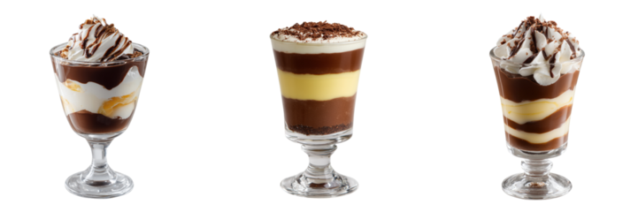 Set of Elegant glass filled with layered chocolate and vanilla dessert isolated on a transparent background
