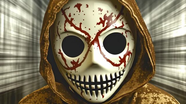 A scary hooded figure wearing a skull mask, captured with a dramatic zoom in effect, creating a chilling visual perfect for Halloween themes, horror storytelling, and spooky atmosphere designs