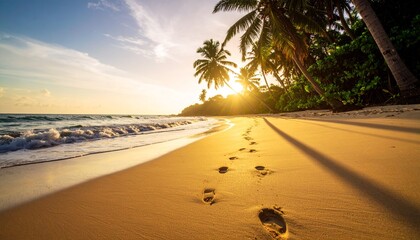 A cinematic wide shot of a pristine tropical beach at sunset, conveying tranquility and unspoiled nature.