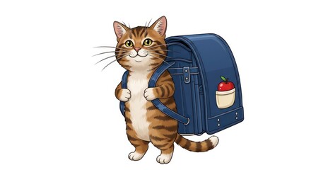Cheerful tabby cat student wearing a blue Japanese randoseru backpack with an apple.