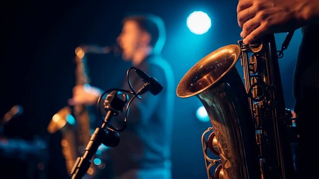 Professional jazz saxophone player performing live on stage with dramatic blue concert lighting and microphone setup during nighttime music show