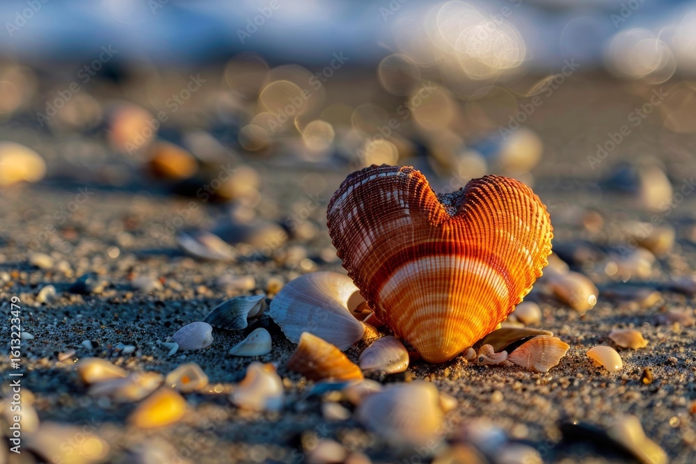 Poster beautiful heart shaped seashell resting on the sand with other shells, creating a romantic and seren