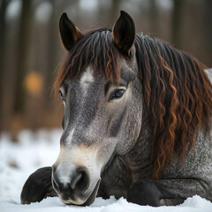 A magnificent, realistic gray horse with a beautiful, luxurious mane lies in the forest among the trees in the snow, close-up, year of the horse