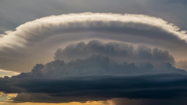 Spectacular supercell thunderstorm cloud formation with dramatic anvil top and rotating structure developing in overcast sky