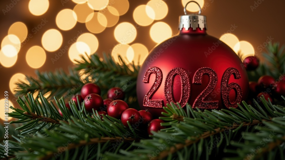 Poster red christmas ornament displaying the year 2026 on a lush pine branch with shimmering bokeh lights i