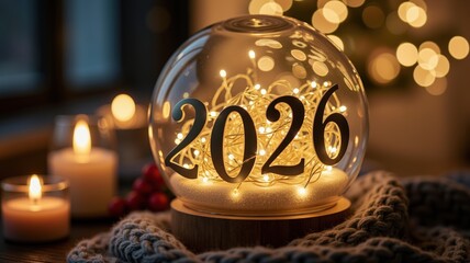 Cozy new year 2026 celebration with illuminated snow globe, warm candles, and festive ambiance in a home setting during winter holiday season