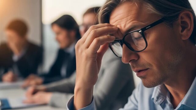 Stressed European businessman with glasses rubbing forehead showing work fatigue and mental exhaustion in modern office with colleagues in background