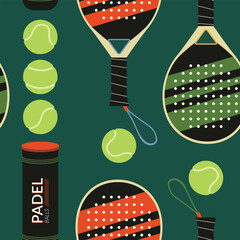 Padel sport equipment vector seamless pattern. Padel rackets, balls, pressure tube container illustrations on dark green background. Modern court game repeat tile design. Tournament, hobby activity