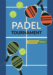Padel tournament vector banner. Padel rackets and balls illustrations on blue court background with copy space. Open D category competition. Modern team racket game vertical flyer template design