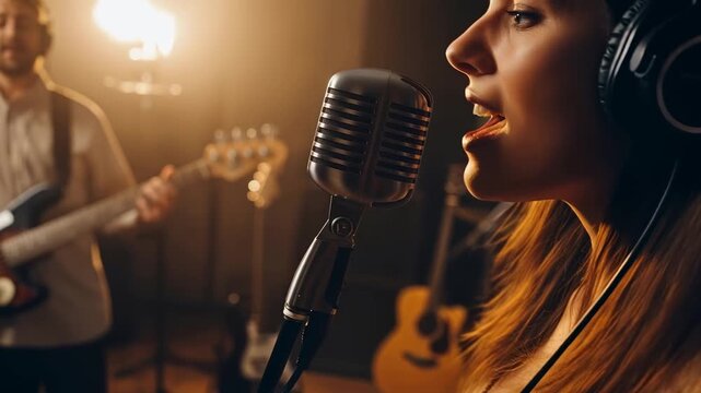 Young European woman singer performing with vintage microphone and headphones in warm-lit recording studio with guitar background