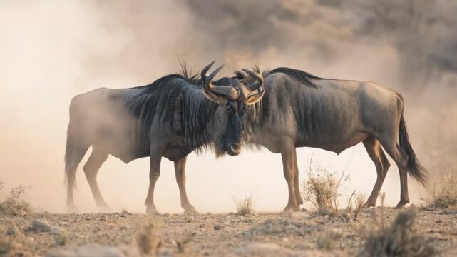 Two wildebeest in a dusty encounter, horns facing each other in the African savanna