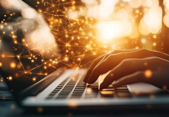 Hands typing on laptop, network graphic overlay