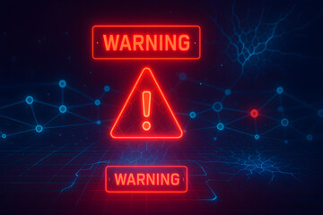 Red warning triangle with exclamation mark and mirrored reflection on a tech-style digital background, perfect for alert visuals.
