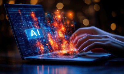 Hands typing on a laptop with an AI graphic overlay