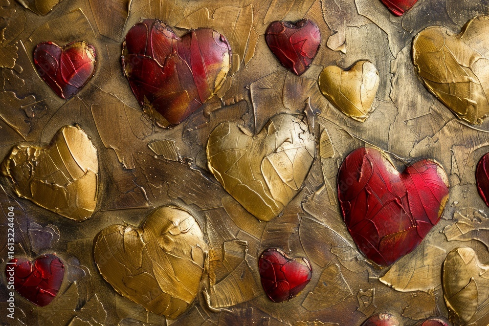 Poster golden and red embossed hearts create a beautiful romantic pattern on textured background