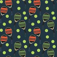 Padel sport equipment vector seamless pattern. Padel rackets and balls illustrations on dark blue background. Modern court game repeat tile design. Padel tournament, hobby leisure activity