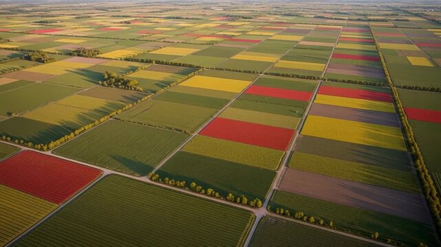 Aerial view of colorful agricultural fields in geometric patchwork pattern showing diverse crop cultivation and farming landscape from above