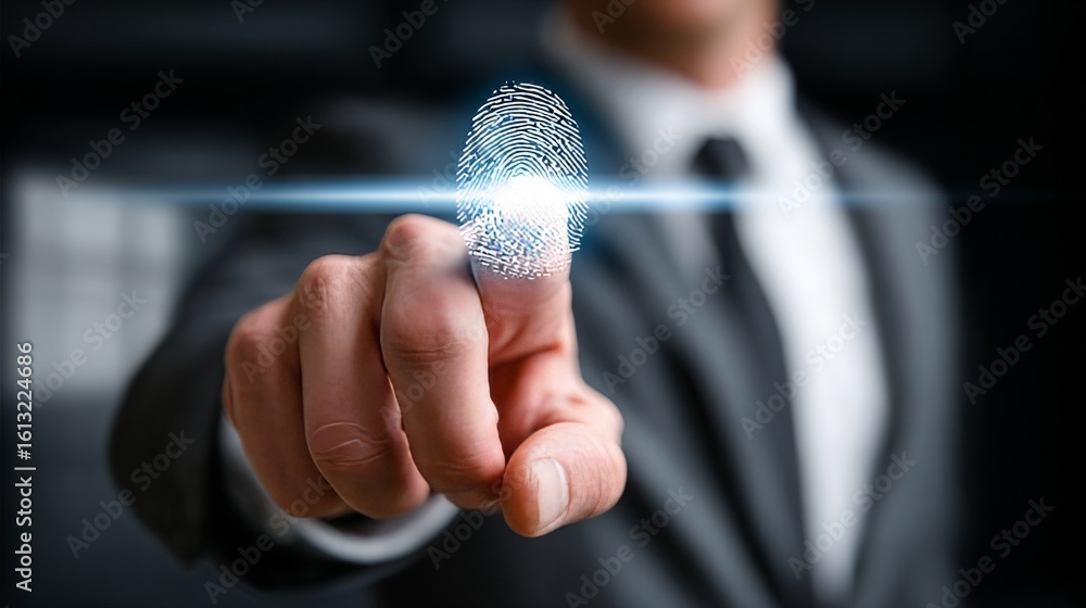 Poster businessman in a suit interacting with a high-tech digital fingerprint scanner for security access