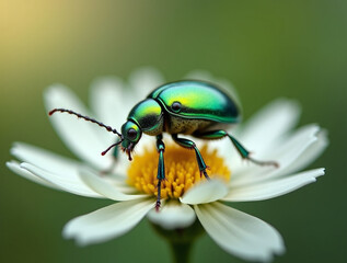 Fototapeta premium Metallic Green Beetle with Iridescent Shell and Fine Antennae Resting on Yellow Daisy Center in Macro Nature Composition