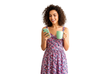 young woman holding phone and a cup isolated on white
