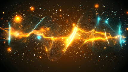 Abstract energy wave, vibrant orange and teal, flowing across a dark background, dotted with golden and blue sparkles.  Dynamic and powerful, digital art