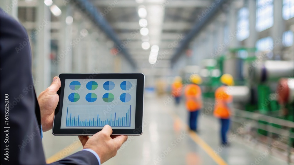 Poster a person holds a tablet displaying graphs in a factory with workers in the background, highlighting 