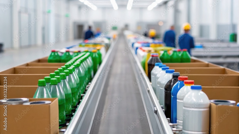 Poster modern production line with various bottles and containers moving on a conveyor belt in a clean, ind
