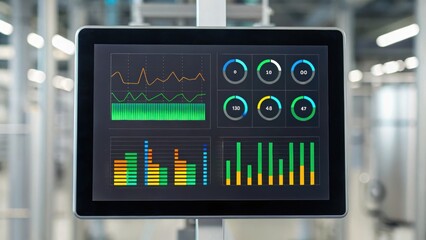 Digital dashboard displaying various data visualizations and metrics for monitoring performance in a high-tech environment.