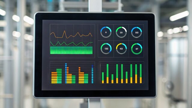 Digital dashboard displaying various data visualizations and metrics for monitoring performance in a high-tech environment.