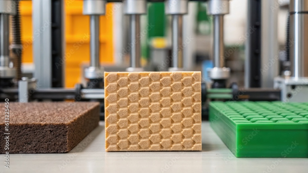 Poster industrial setting showcasing textured materials being processed, with various patterns and colors o