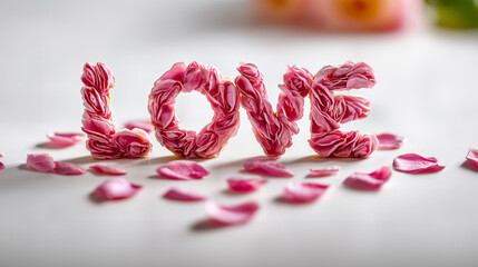 3D Love Typography Made Of Pink Rose Petals On White Surface Romantic Concept