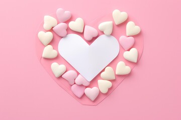 Fototapeta premium Pink and white candy hearts framing a blank white heart shape over a pink background, creating a romantic setting