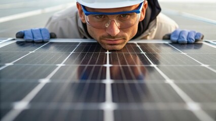 A man inspects solar panels closely, wearing safety gear, highlighting renewable energy and technology in action.